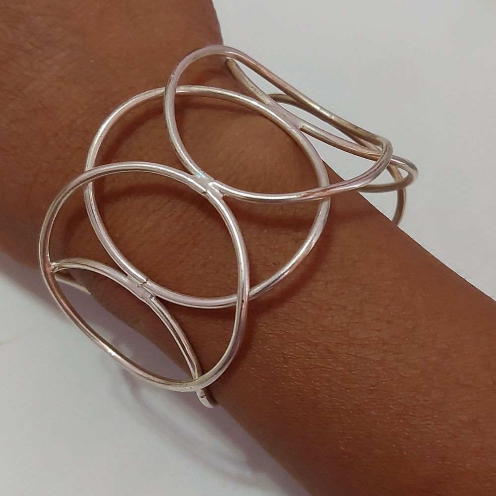 Interlinked Hoops Wide Cuff Silver Tone Bracelet